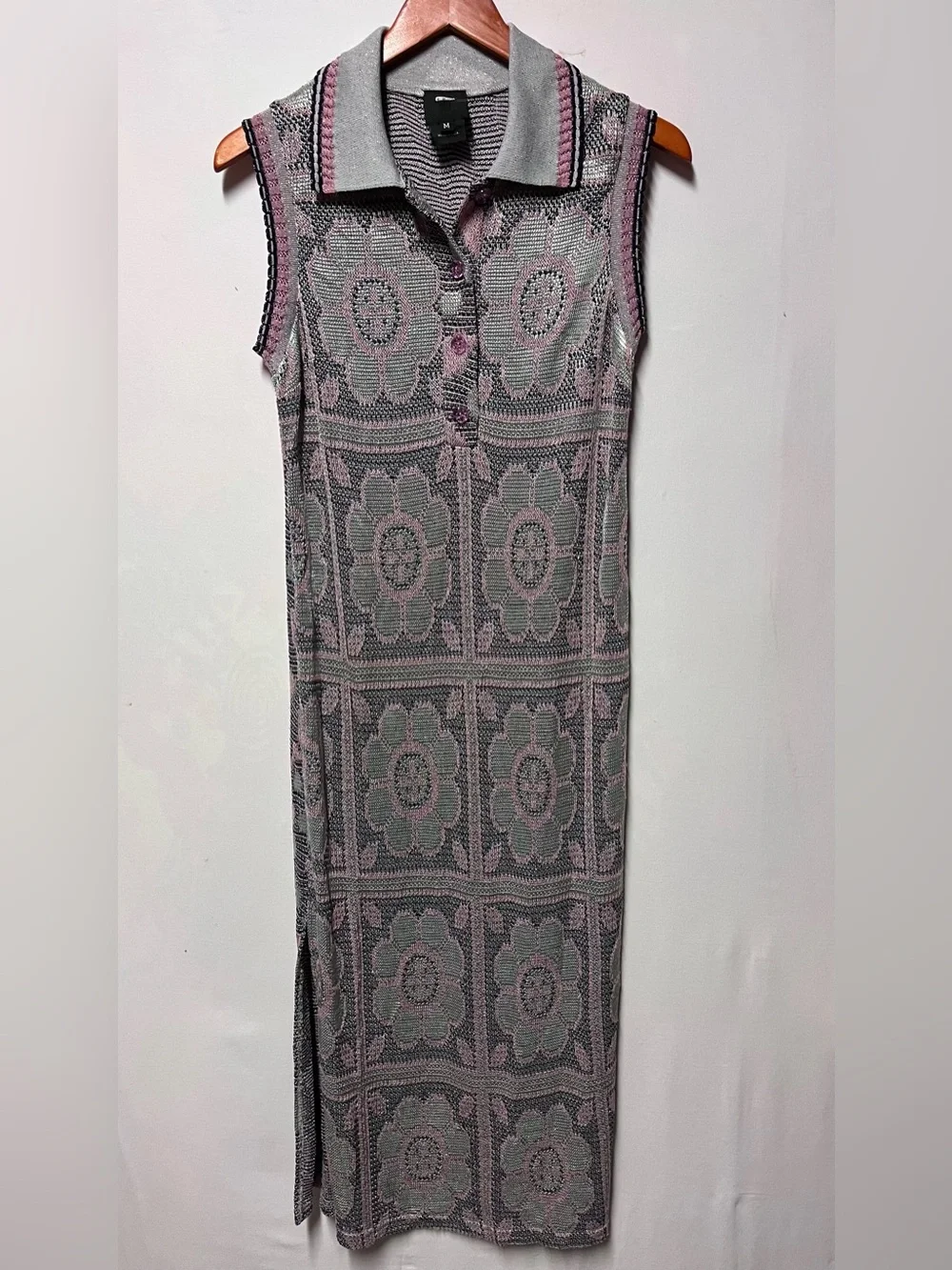 Anna Sui Metallic Floral Knit Maxi Dress M Y2K Mod Sleeveless Polo Made USA
